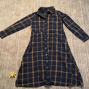 Navy and Tan Plaid Long Sleeve Dress